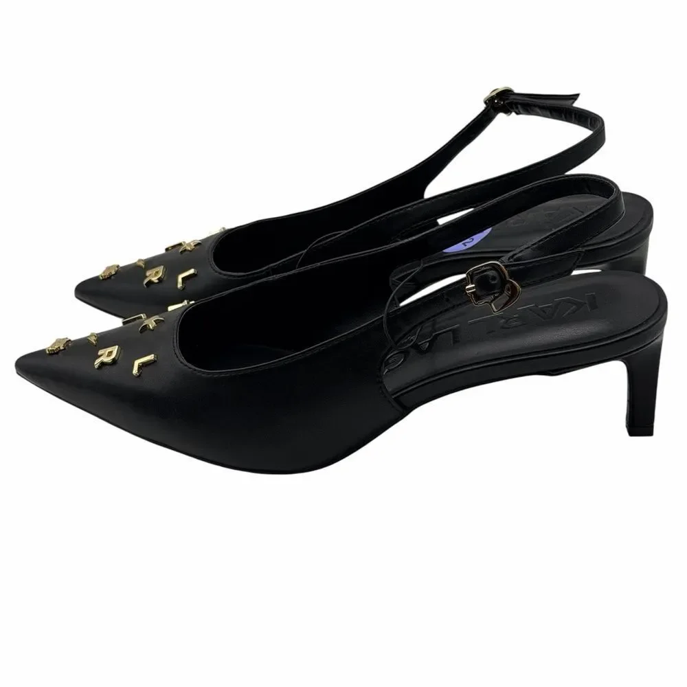 Karl Lagerfeld Paris Black Pointed Slingback Heels with Gold Logo Studs 8,5M